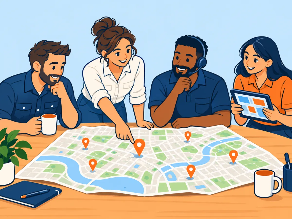 Ilustración de un equipo amigable reunido alrededor de un mapa
